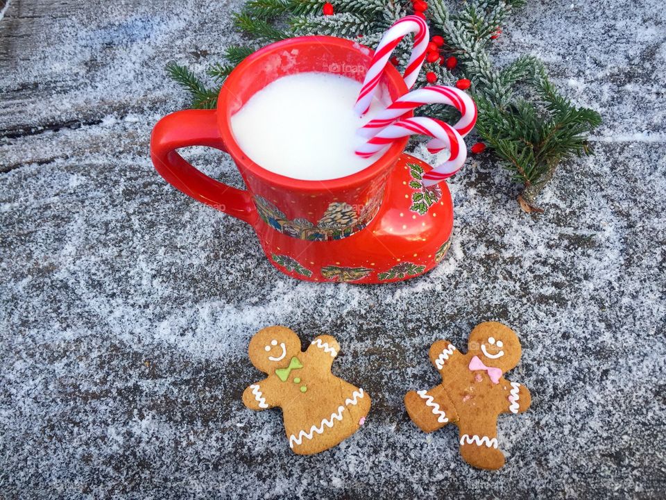 Red boot-shaped mug of white chocolate and milk with candy canes inside on snowy table with two gingerbread men beside and frozen pine cone tree branches