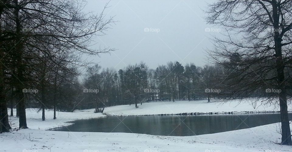 Small pond surrounded by snow fields