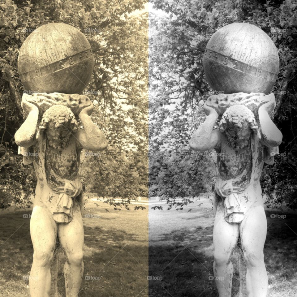 Beginning of Summer at Old Westbury Gardens on Long Island. Mix of Clouds and Sun. Photo Collage. BNW and Sepia Filters. Sculpture Captured on Android Phone - Galaxy S7. May 2017.
