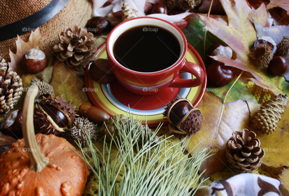 Red cup of coffee on the autumn decorated table