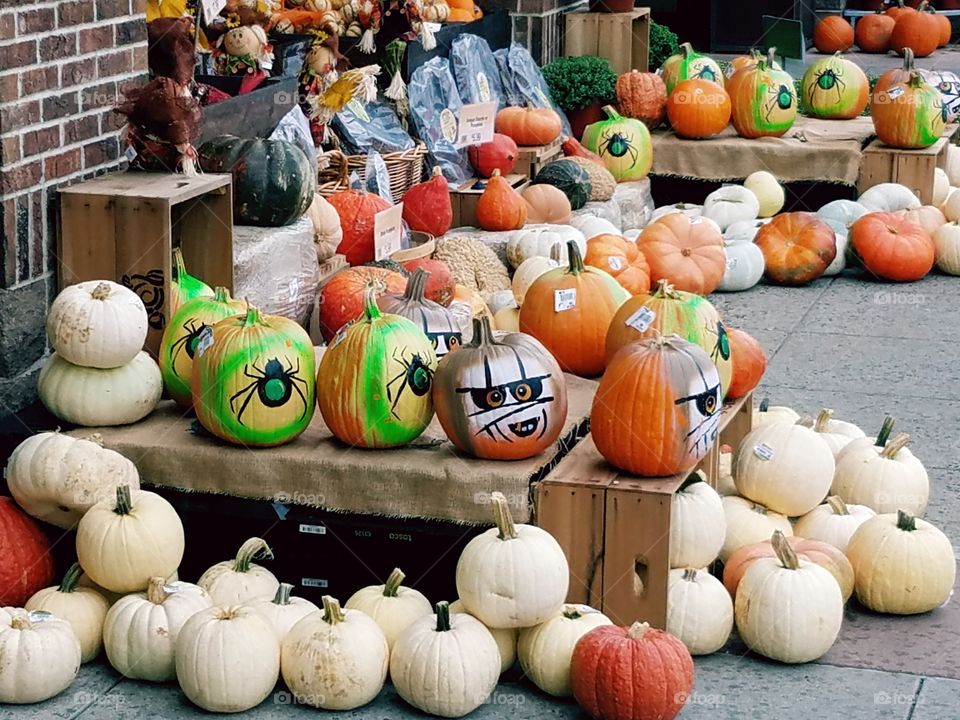 Multicolored with differing designs and faces these would be jack-o-lanterns sit and wait for their Halloween debut.