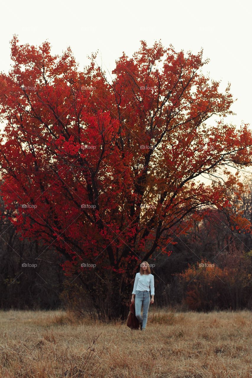 Girl walking under a tree with red foliage
