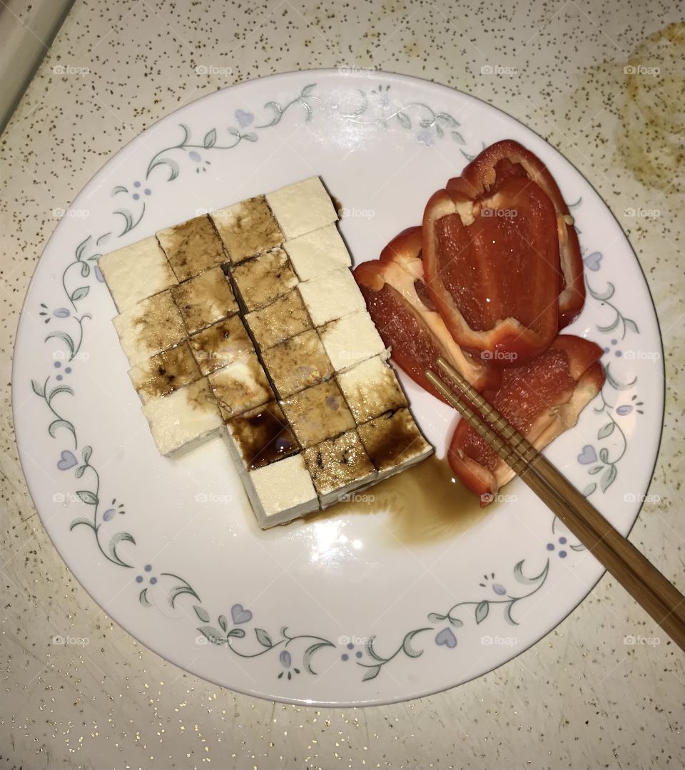 Tofu and colored bell pepper for supper. This is a healthy way to eat.