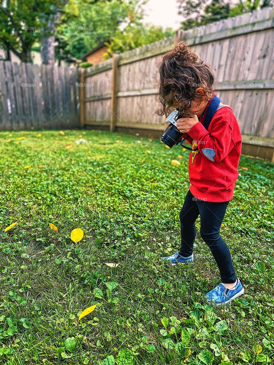 Toddler girl photographs leaves on the ground, photographing fall time, autumn in the Midwest, yellow leaves on the ground, toddler with a camera