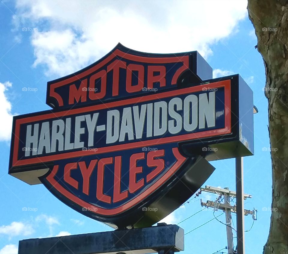 Logo Sign outside Harley Davidson Dealership, blue sky.