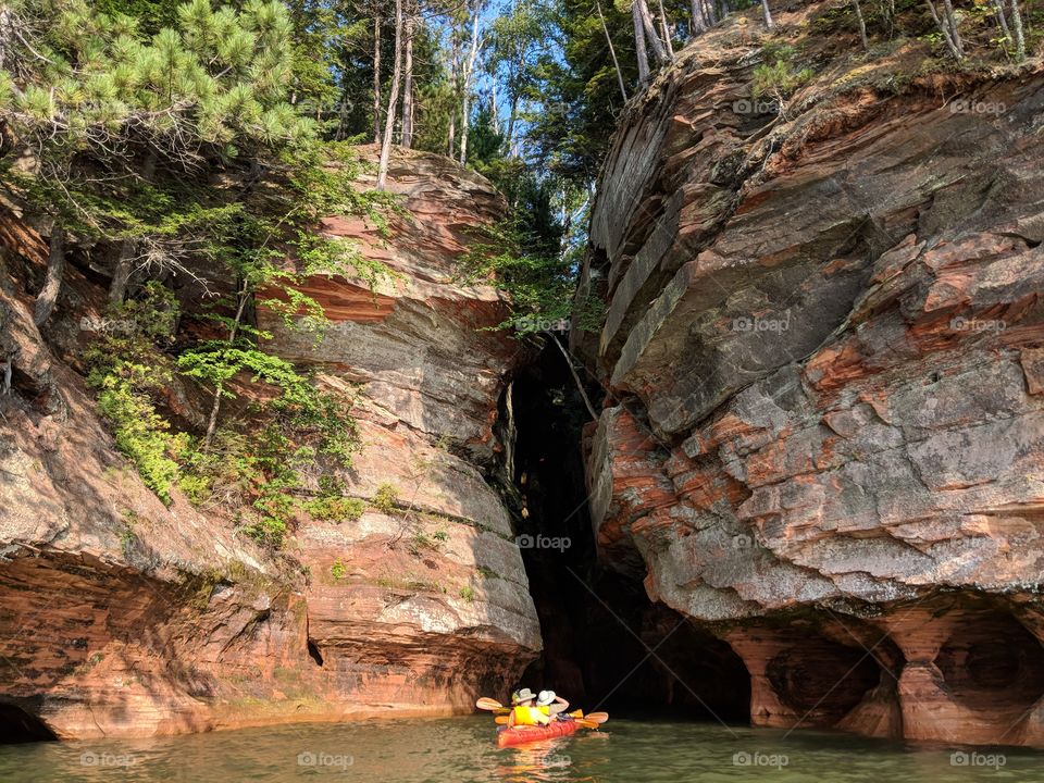 Apostle Islands in August, kayaking into a slot canyon