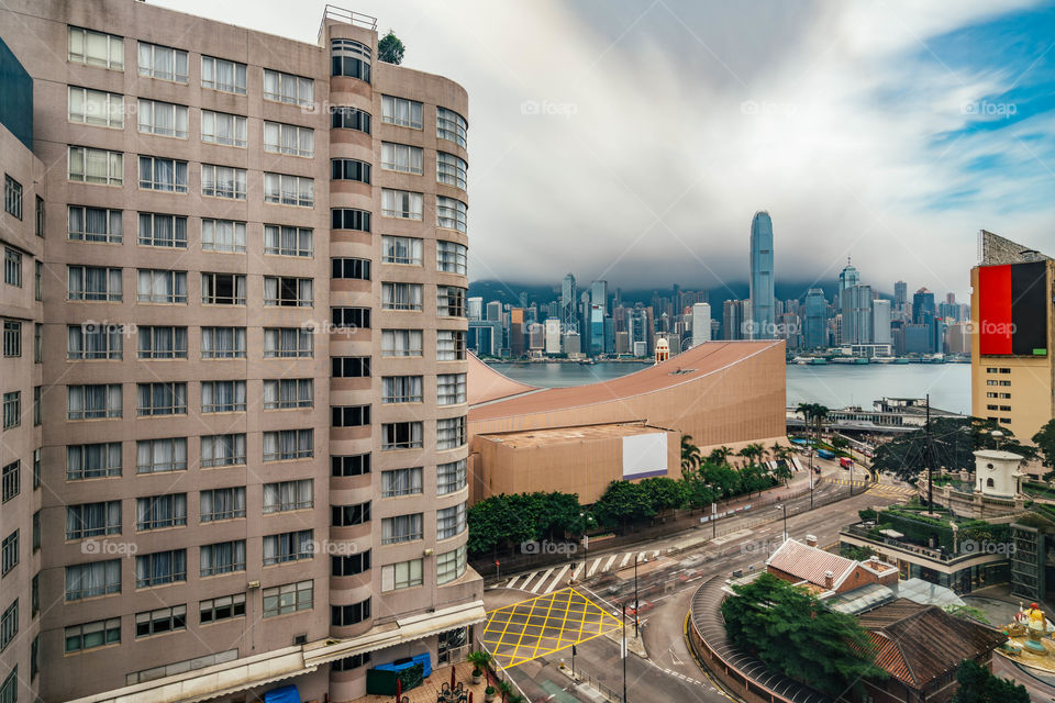 Hong Kong Cityscape with harbour view in long exposure