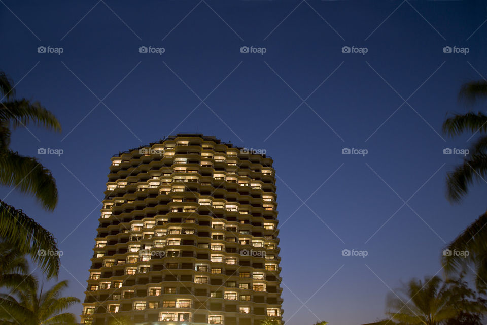 Hotel building light switch on, framed by palm tree silhouette over a blue night sky background