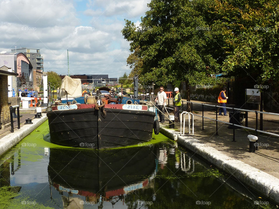 canal reflections barge tying-up by lizajones