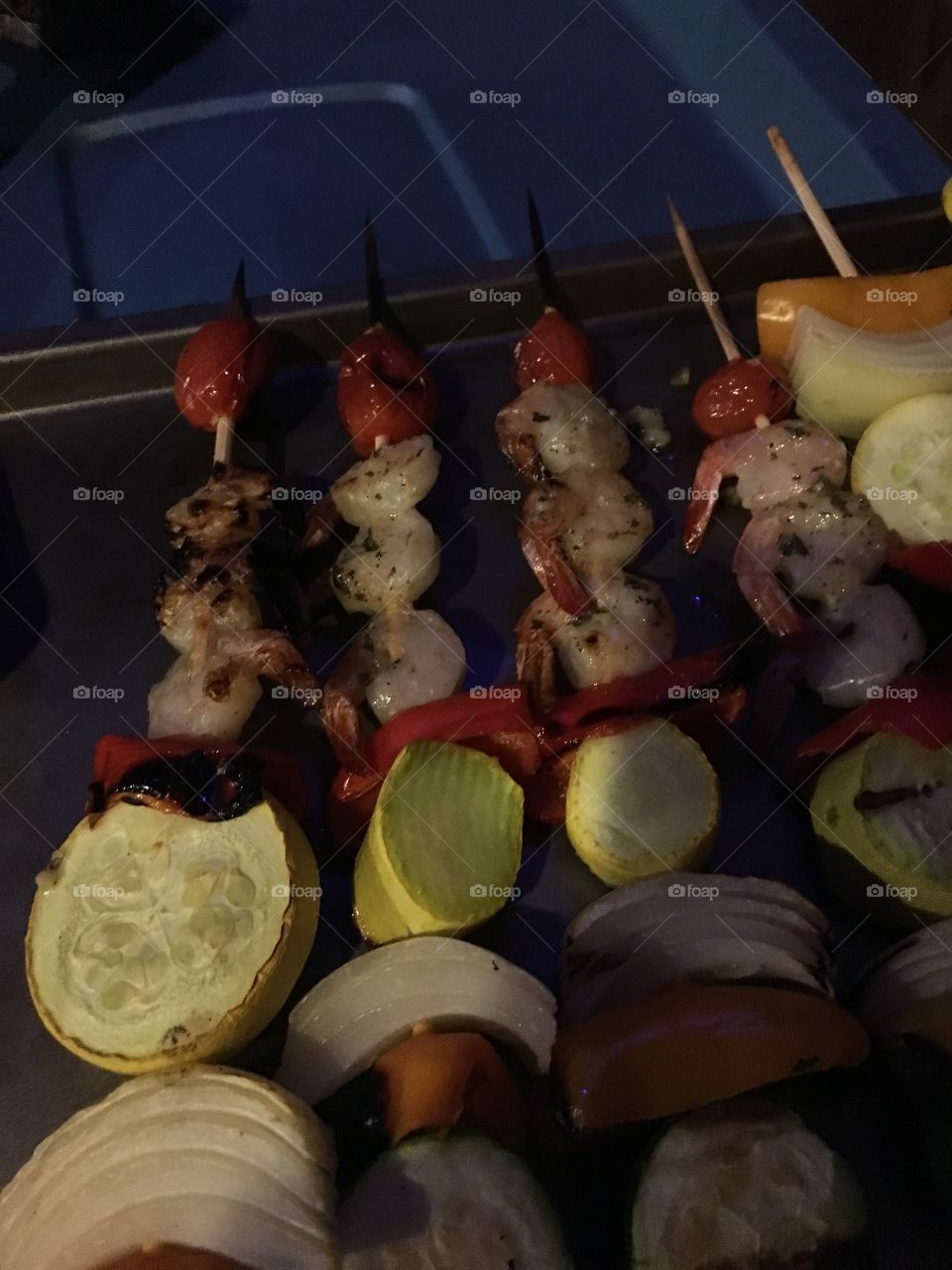 Grilled shrimp kebabs.