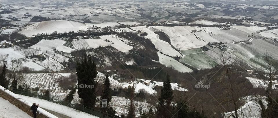 Snow covered hills view around Ripatransone,Marche,Italy