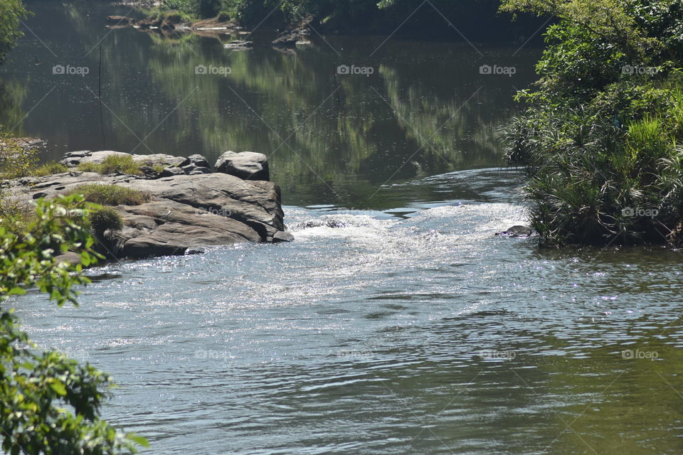 It is a beautiful river calmly flowing through forest and beautiful mountains