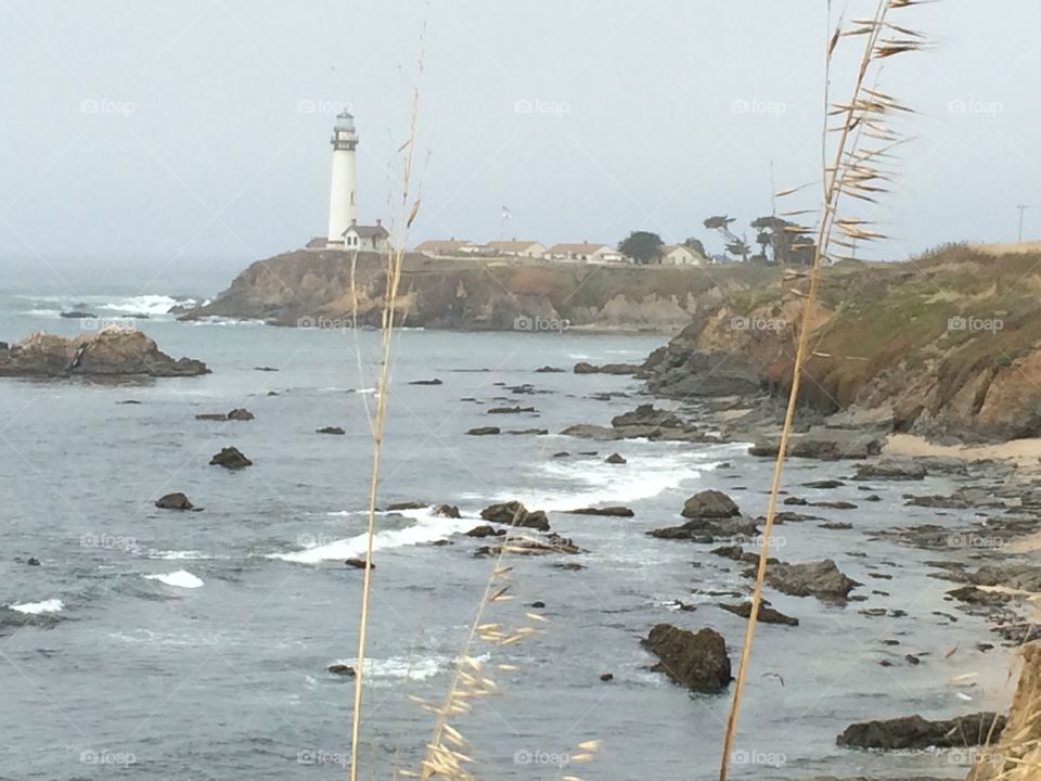 Foggy view of a distant lighthouse. Pigeon Point lighthouse. 