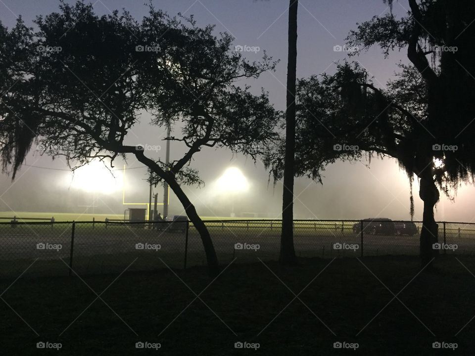 Soccer field at dusk as fog rolls across grass with stadium lights burning through the mist.