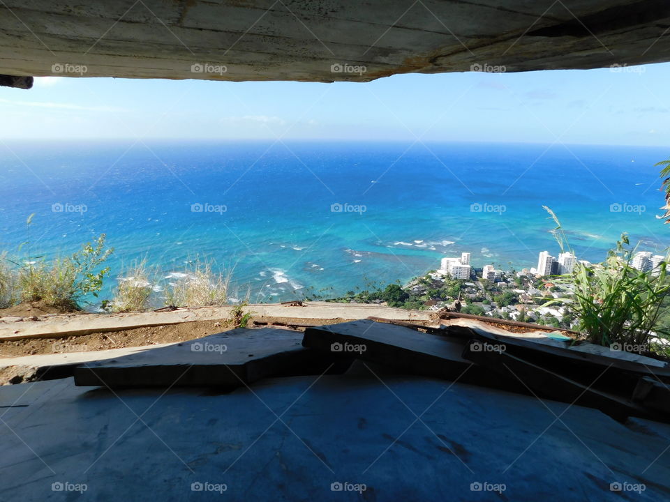 View out of an old military bunker in Hawaiian mountains 