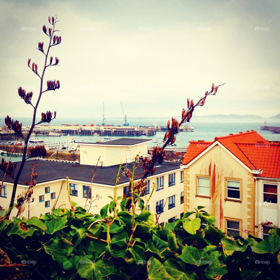 Guernsey on a rainy day. Looking at the bay of St. Peter port in Guernsey, Channel Islands 