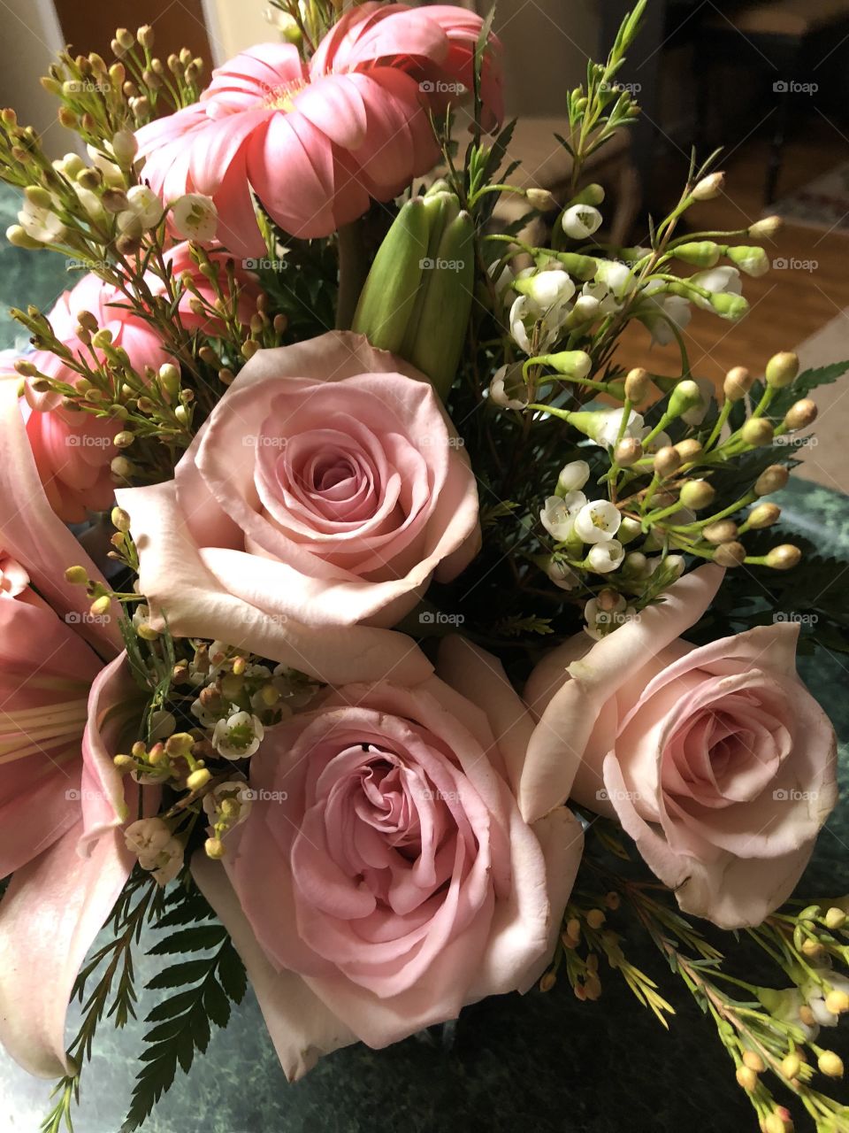 Pink roses and babies breath