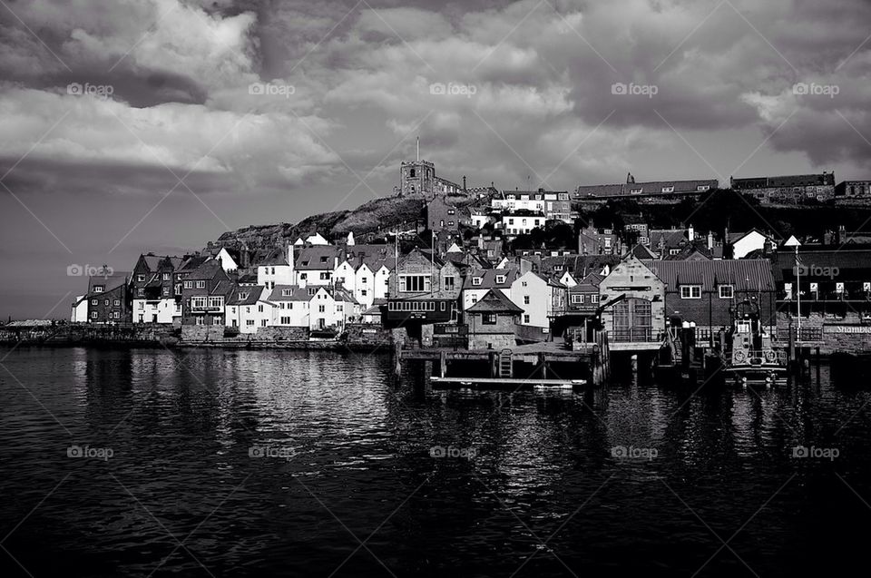 Black and white shot of The seaside town of Whitby, North Yorkshire,