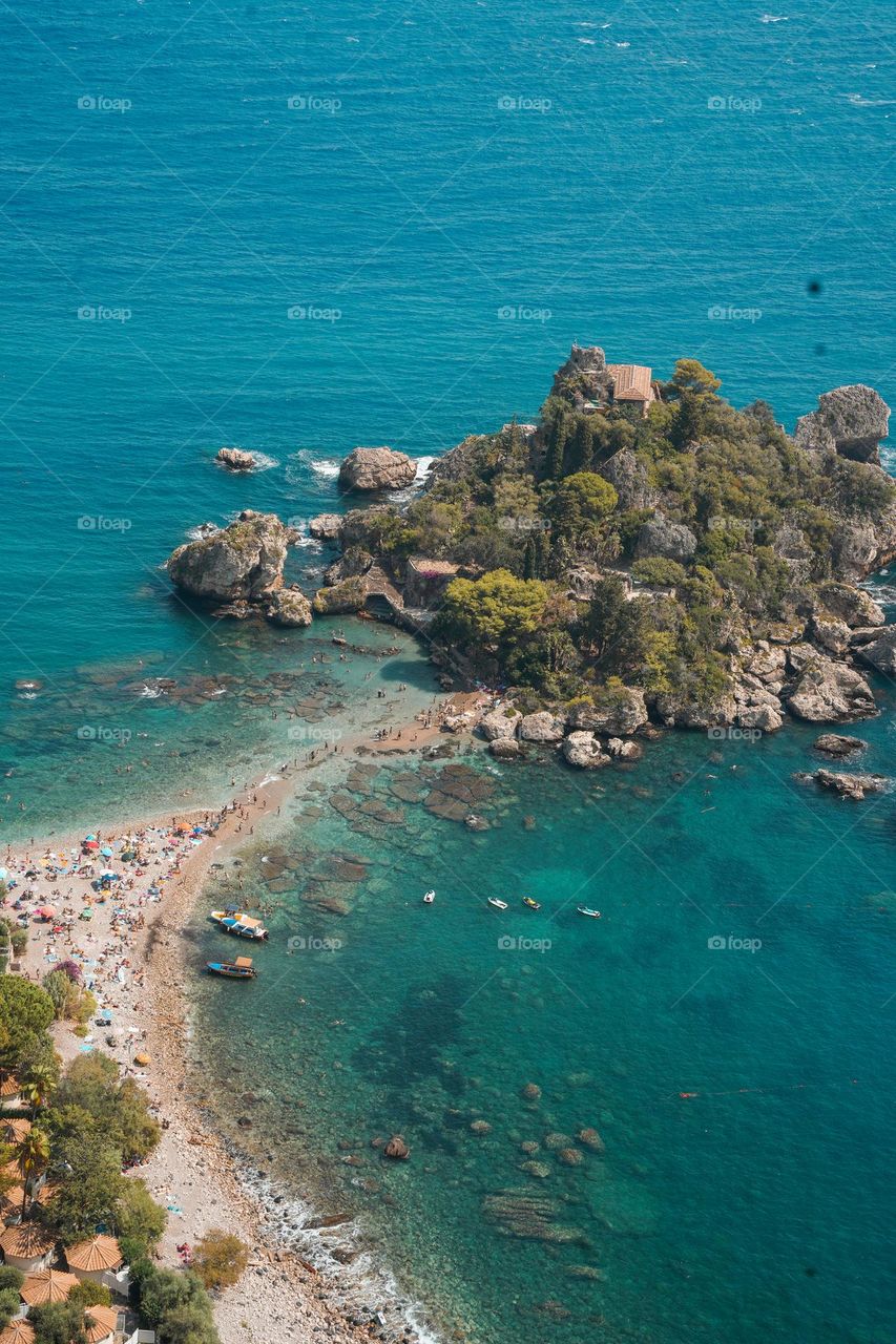 Taormina, Sicily, Italy. Beach, people, island.