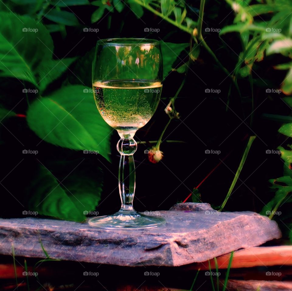 Glass of wine in the backyard, on a perfect summer day 