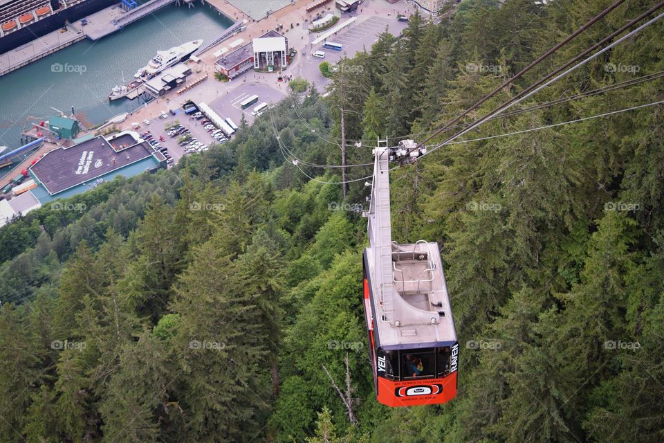 The Mt. Roberts tram makes its way up a steep mountain in Juneau Alaska