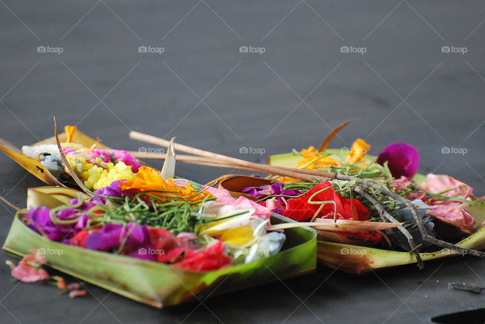 Flower offerings on the streets of Bali