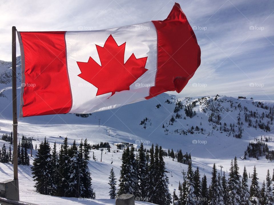 Close-up canadian flag in winter