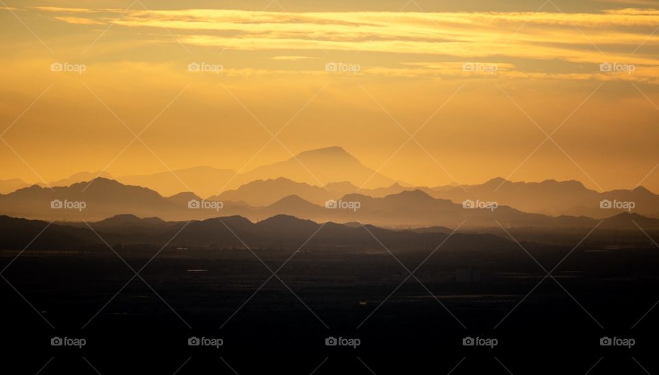 Sunset over the White Tank mountains; view from Piestewa Peak. Phoenix, Arizona. 