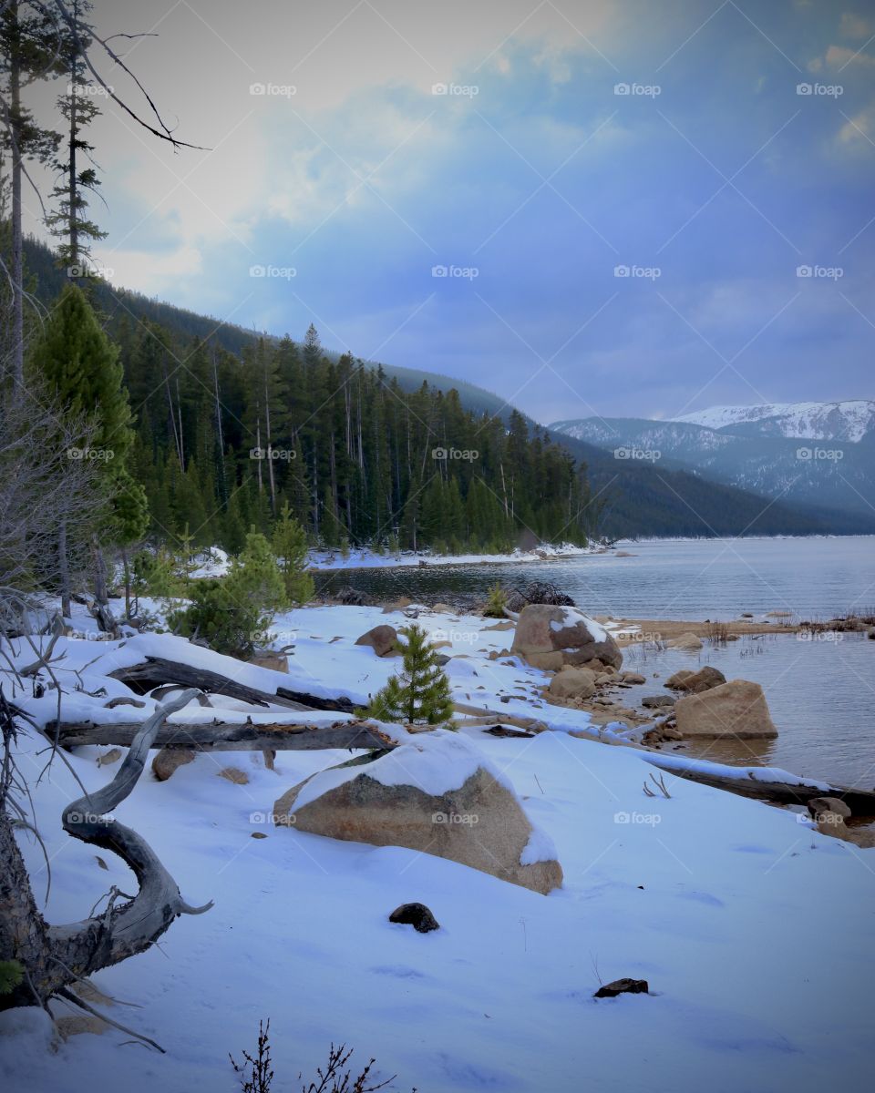Mountains covered in pines reaching down to the lake on a cloudy day.