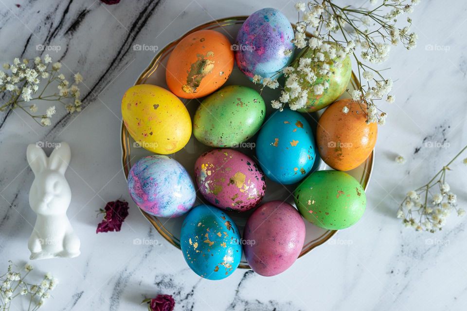 Easter traditions. Food composition, painted Easter eggs