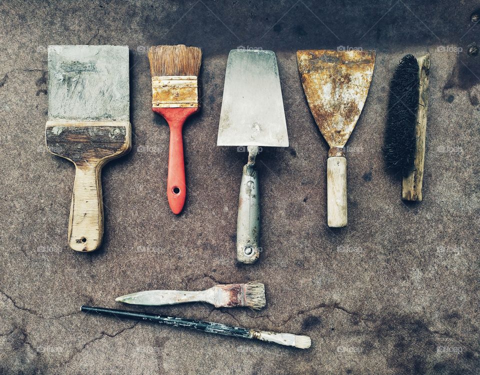 Instruments Vintage and Used Arranged on a Flat Surface Still Life