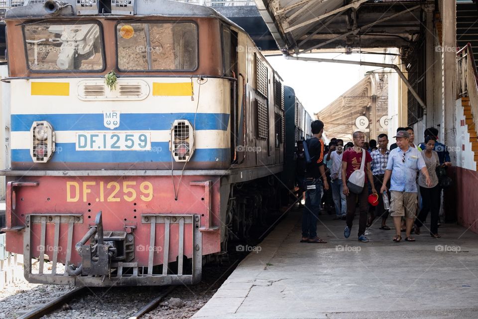 Rangoon/Myanmar-April 14 2019:Crowd People take train to travel in Myanmar New Year 