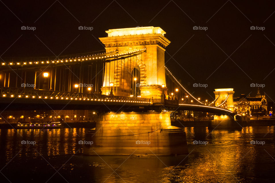 The Chain Bridge At Night, In Budapest, Hungary
