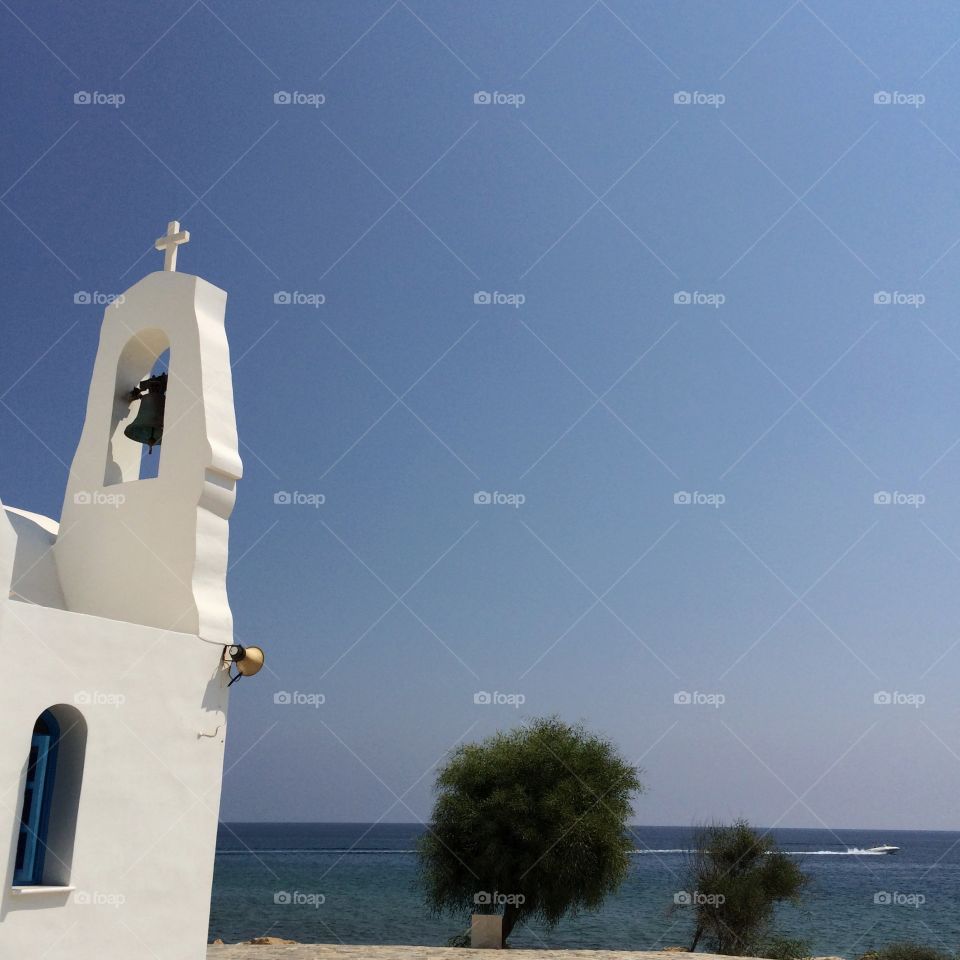 Belfry of Church . Belfry of Greek Christian Orthodox Church of Agios Nikolaos next to the sea 