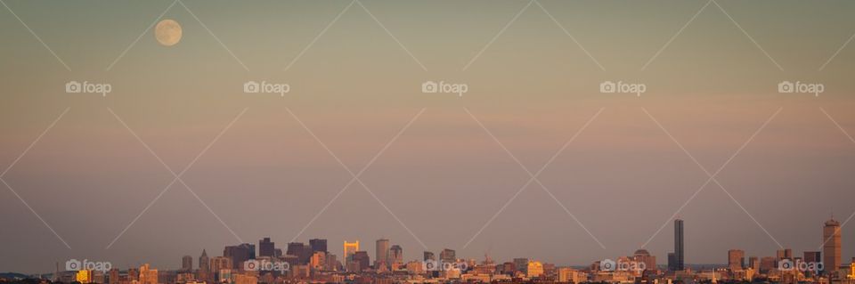 Moonrise panorama of Boston