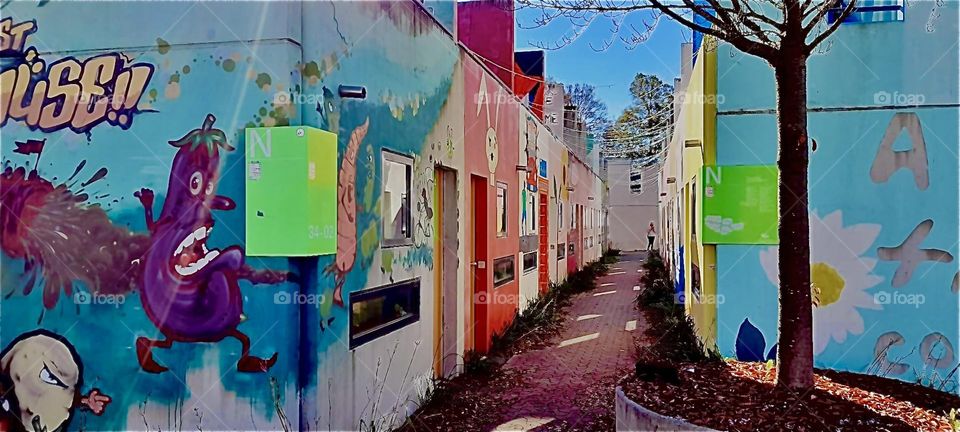 Part of the „Olympic Village“ in „Munich“, Germany. During the „Olympic Games“ in 1972 a tragedy happened when a group of „Israeli“ athletes were kidnapped and killed. A memorial now reminds of the events. 2022. Hypnotic Productions