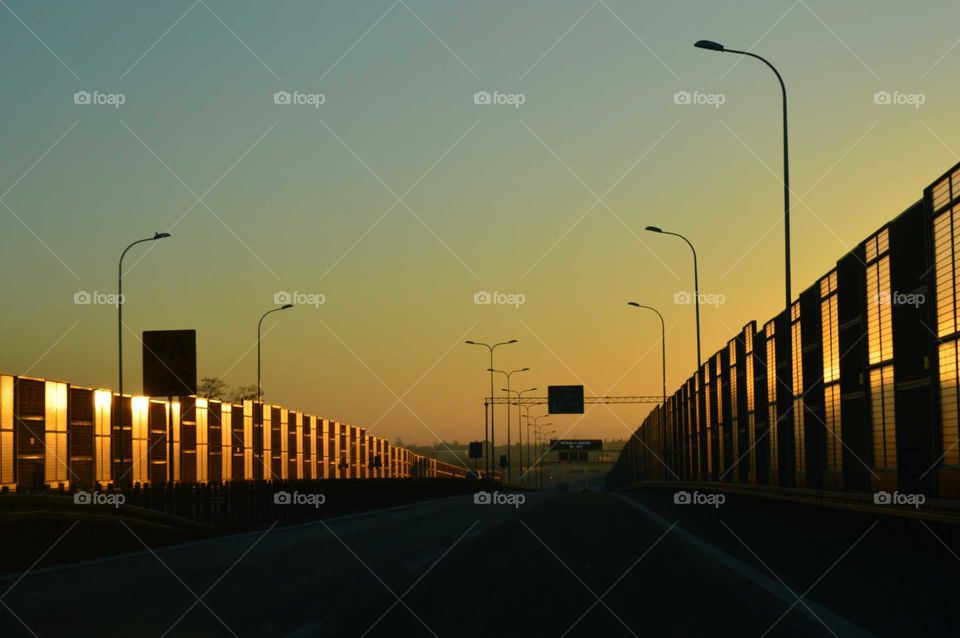 Golden hour during sunrise  on the expressway in Poland