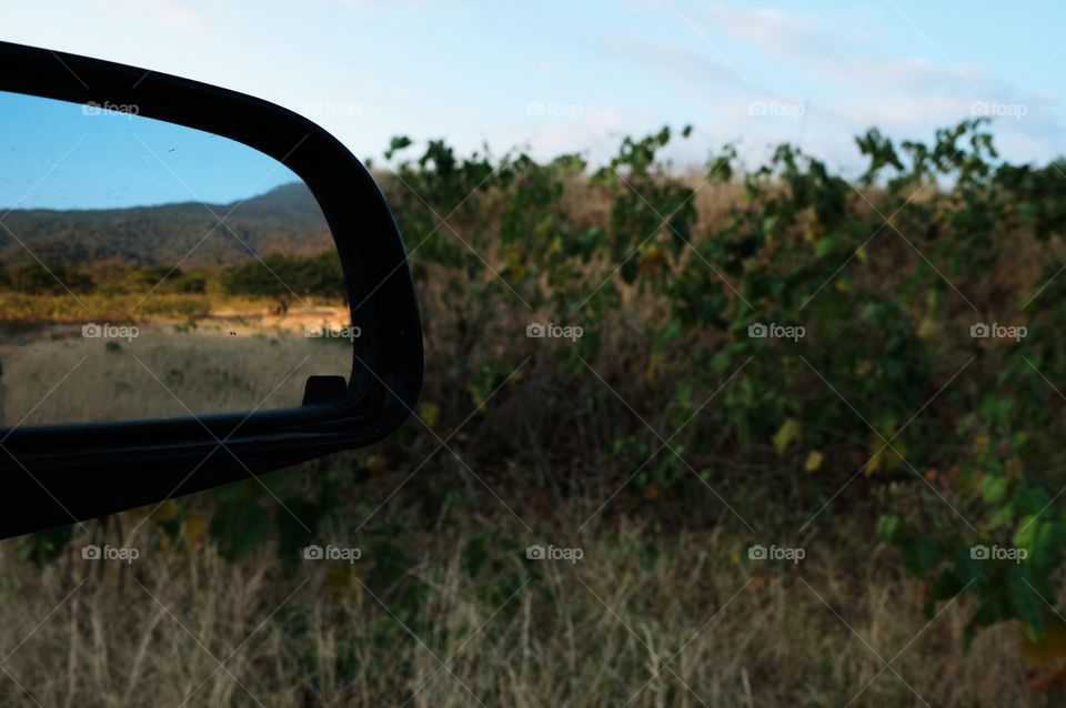 Landscape seen from the rearview mirror of a car