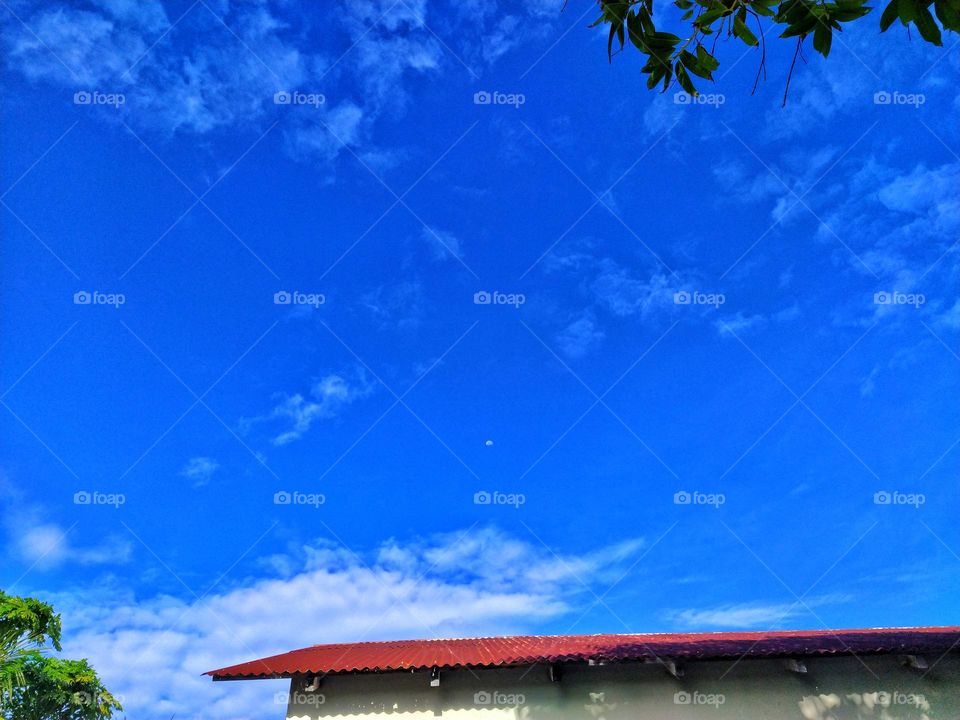 building roof against a beautiful blue sky with white clouds and tree leaves