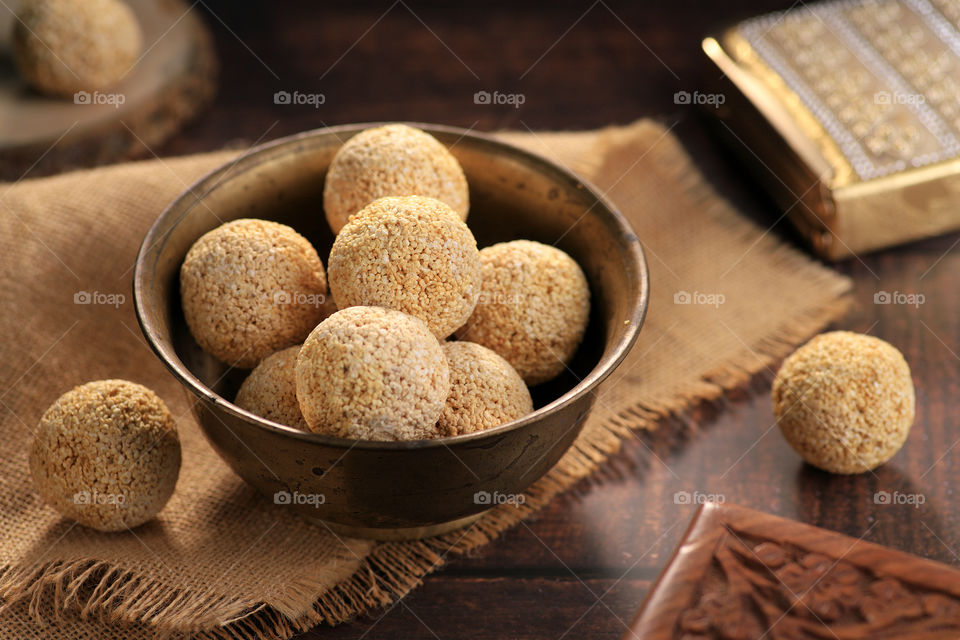 Indian sweet balls - chaulai ke ladoo. Eaten during Navratri fasting