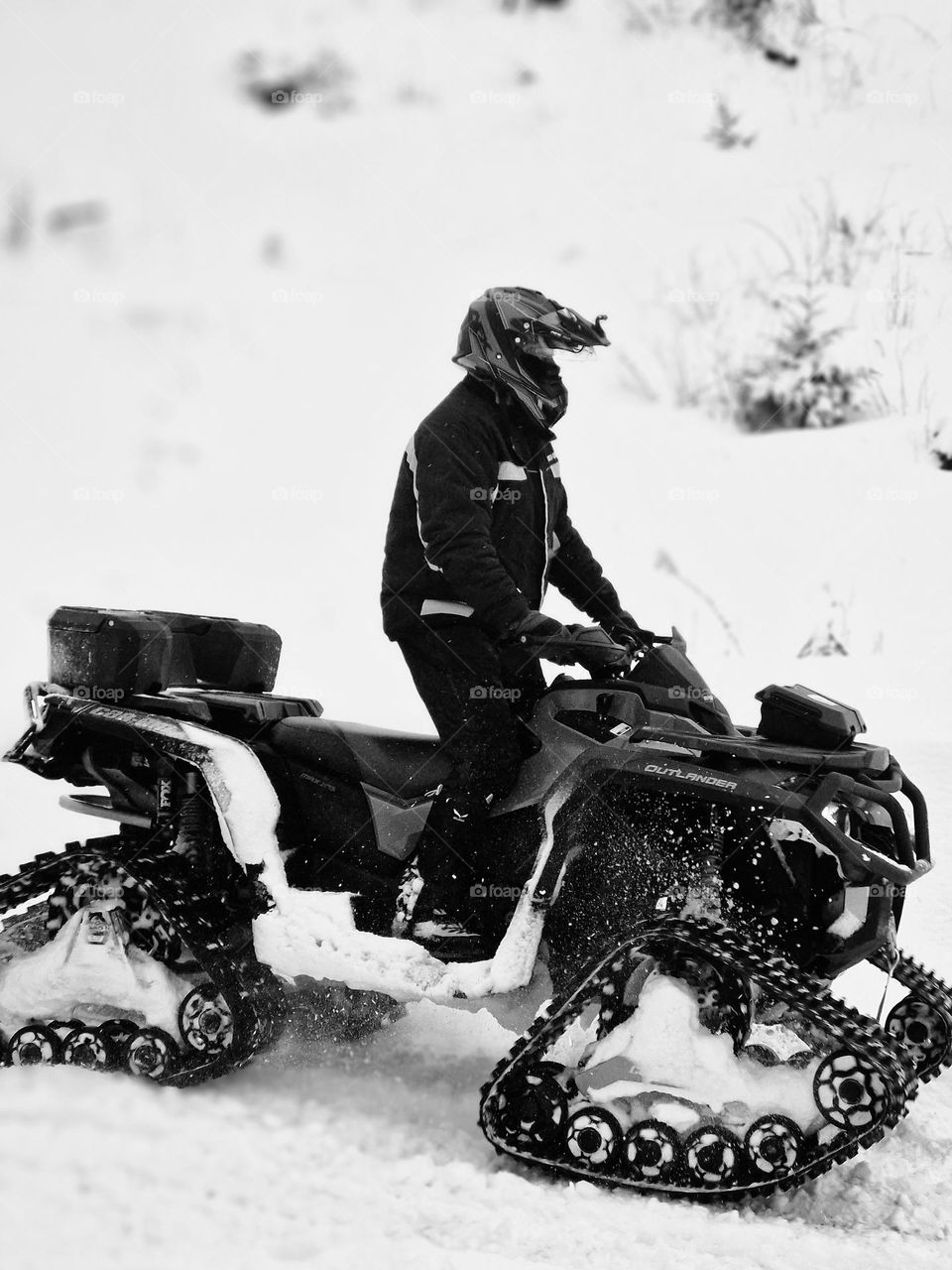 snowmobile in black and white