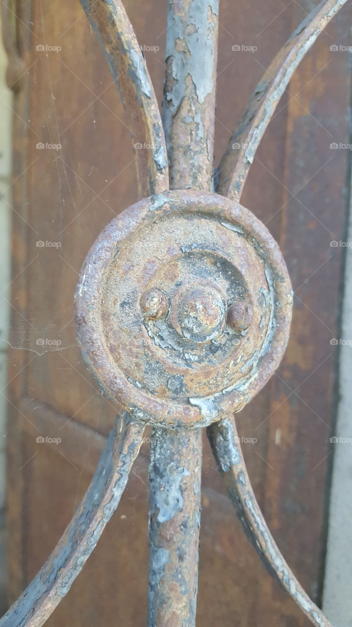 this is a close up of a rusting gate if a long forgotten family mausoleum. The gate is locked but the rusted doors were wide open.