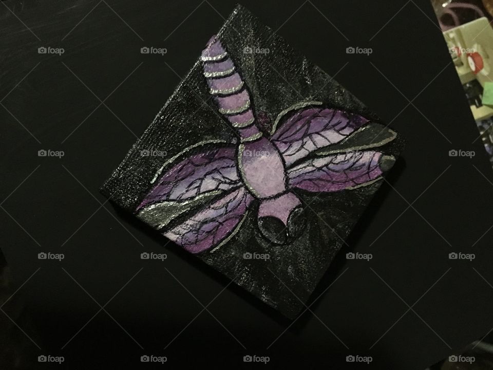 Hand drawn, painted dragonfly done on a small canvas for friend who loves dragonflies and butterflies.