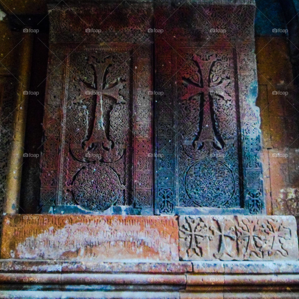 khatchkar in the church of achtarak in armenia