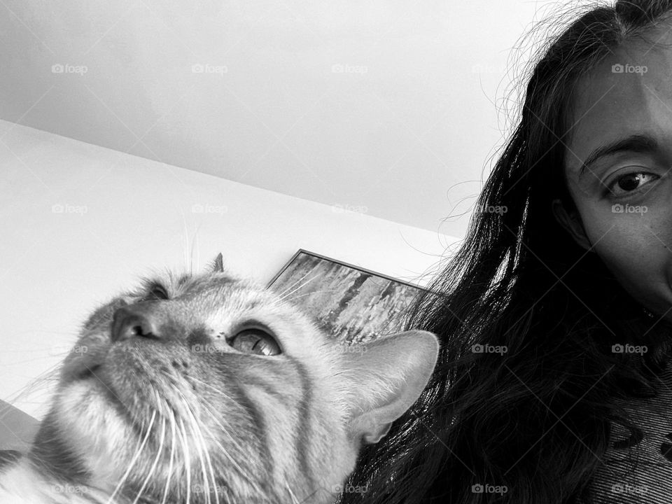 The eyes of a woman and the cat, black and white.