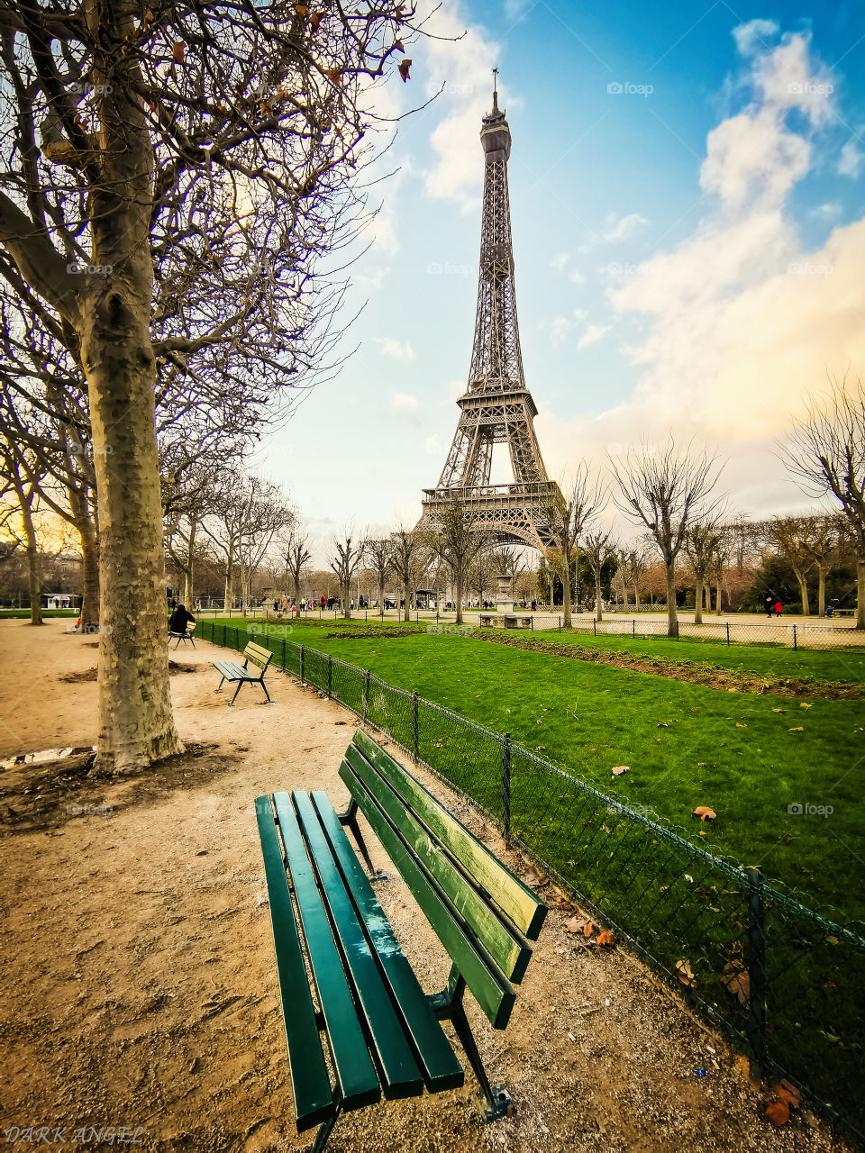 Nice bench with Eiffel Tower park in the back