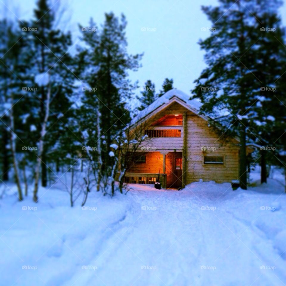 Wooden chalet in the snow