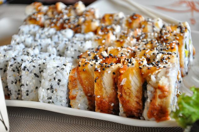 Close-up of sushi rolls in restaurant