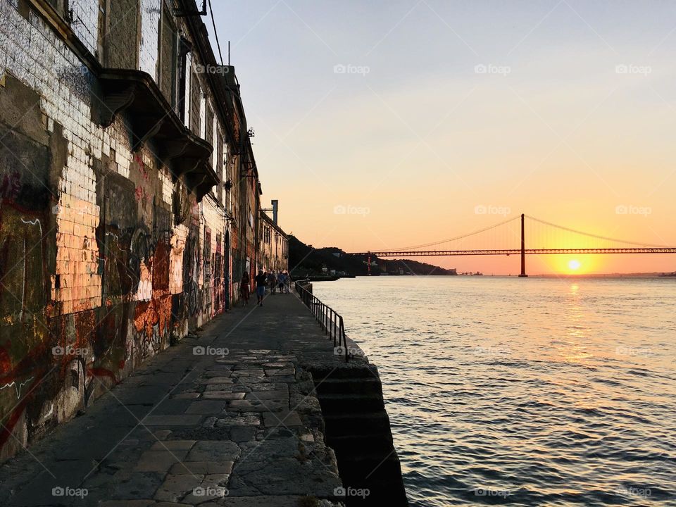 Sunset at the river, bridge, Architecture 