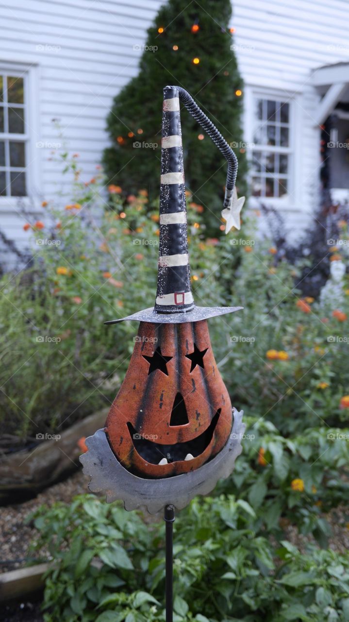An iron yard art piece depicting the Mayor of Halloween. Set in a country herb garden.